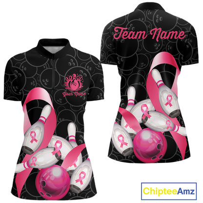 Pink ribbon breast cancer awareness bowling team jersey quarter zip shirt for women featuring pink ribbon graphics, premium custom bowling apparel.