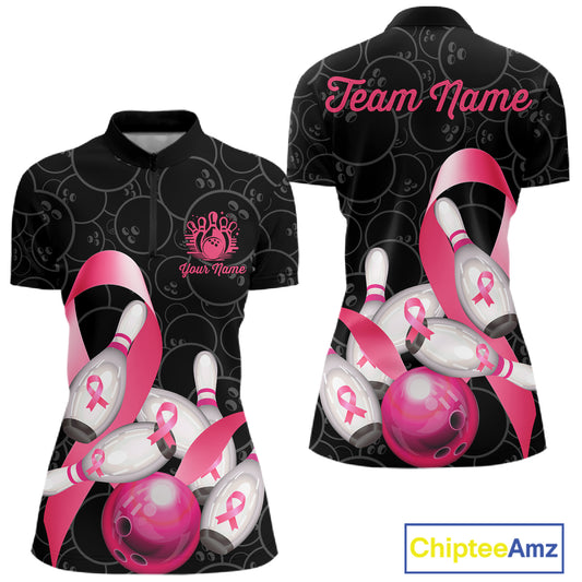 Pink ribbon breast cancer awareness bowling team jersey quarter zip shirt for women featuring pink ribbon graphics, premium custom bowling apparel.