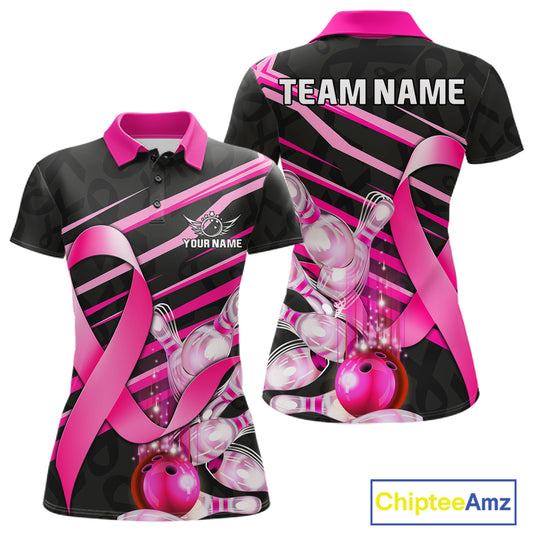 Personalized pink ribbon breast cancer awareness bowling team jersey polo shirt for women featuring pink ribbon artwork, premium custom bowling league apparel.