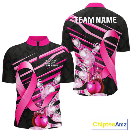 Personalized pink ribbon breast cancer awareness bowling team jersey quarter zip shirt for men featuring pink ribbon graphics, premium custom bowling apparel.