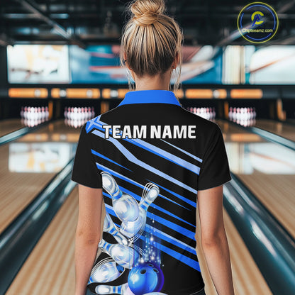 Woman wearing personalized black and blue glowing bowling team jersey polo shirt featuring glowing bowling artwork, back view.