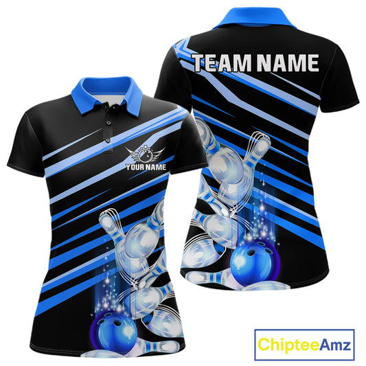 Personalized black and blue glowing bowling team jersey polo shirt for women featuring glowing blue bowling artwork, premium custom bowling league apparel for tournaments and team play.