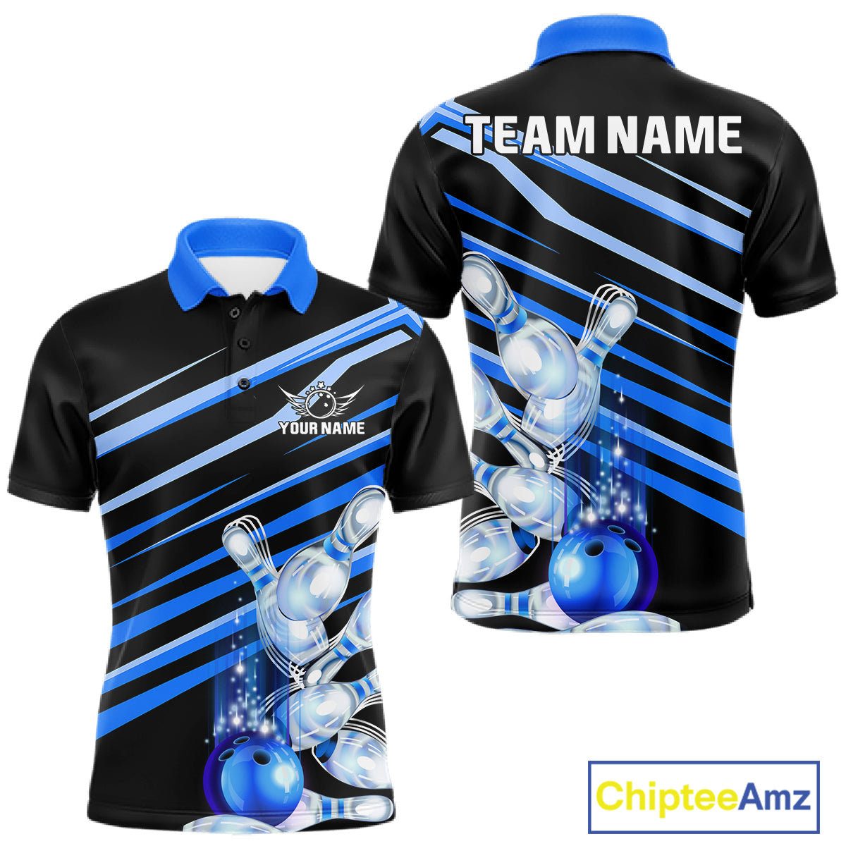 Personalized black and blue glowing bowling team jersey polo shirt for men featuring glowing blue bowling artwork, premium custom bowling league apparel for tournaments and team play.