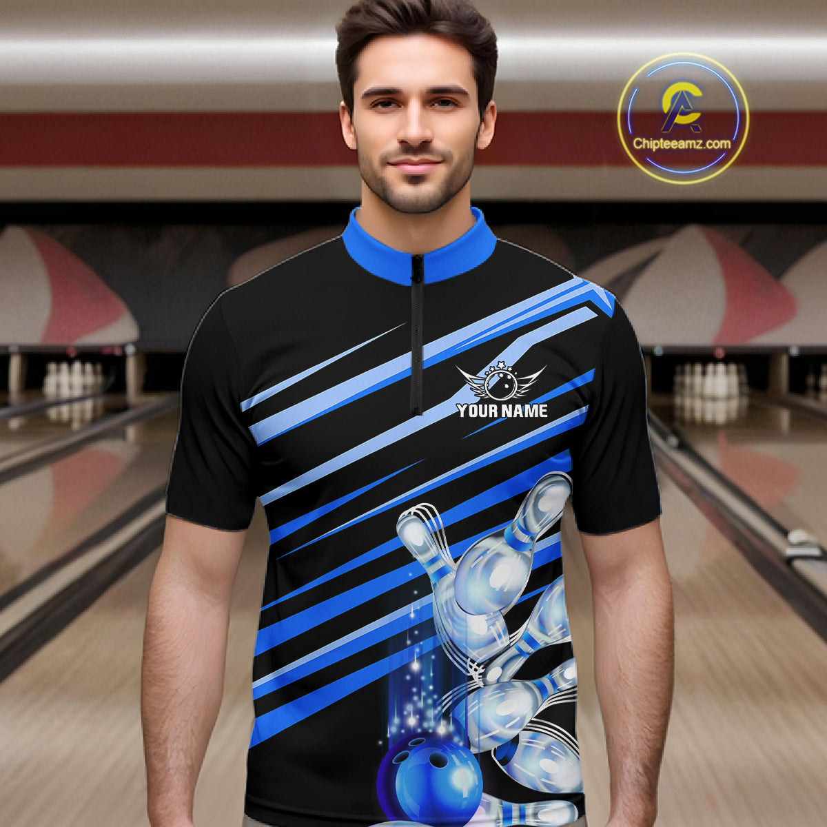 Man wearing personalized black and blue glowing bowling team jersey quarter zip shirt featuring glowing bowling artwork, front view.