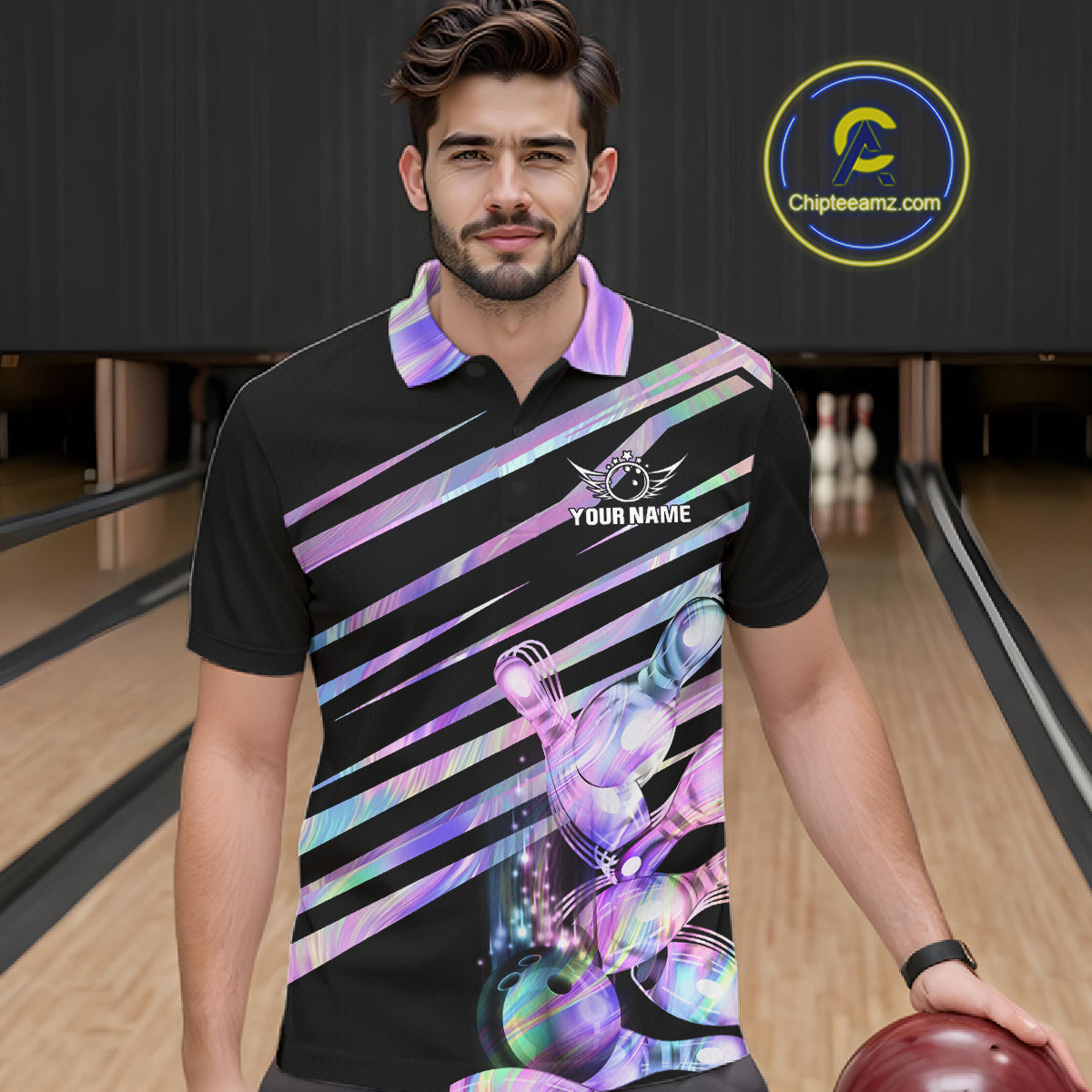 Man wearing personalized holographic bowling team jersey polo shirt featuring holographic bowling artwork, front view.
