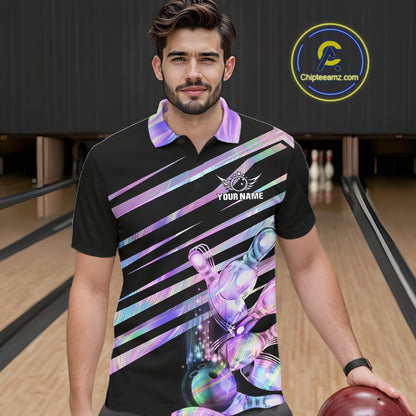 Man wearing personalized holographic bowling team jersey polo shirt featuring holographic bowling artwork, front view.