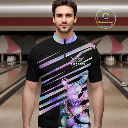 Man wearing personalized holographic bowling team jersey quarter zip shirt featuring holographic bowling artwork, front view.