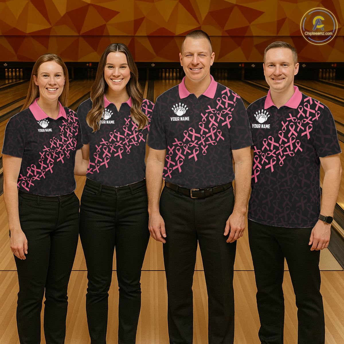 Bowling team wearing matching pink ribbon American flag bowling team jerseys, front view.