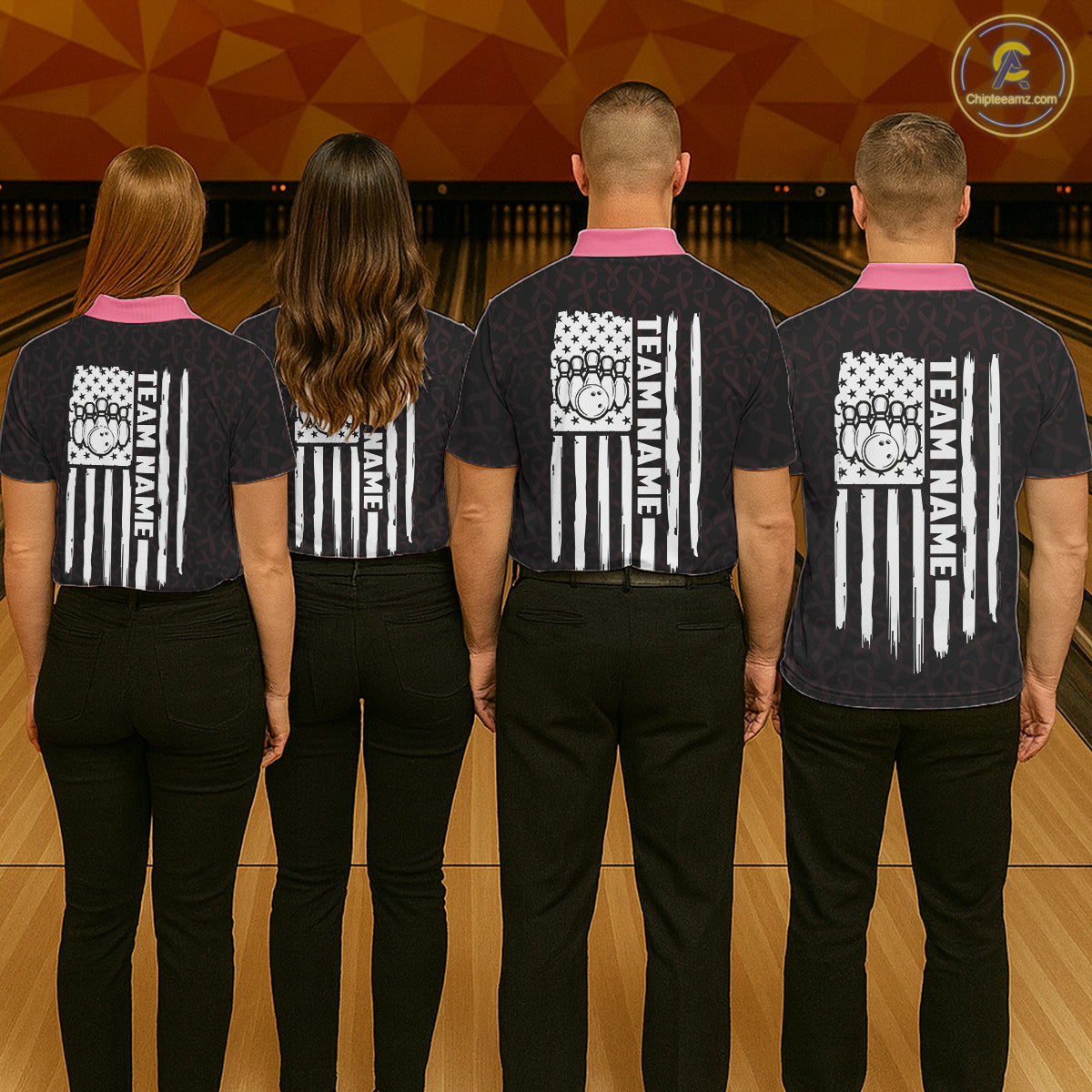 Bowling team wearing matching pink ribbon American flag bowling team jerseys, back view.