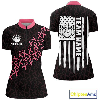 Pink ribbon American flag bowling team jersey quarter zip shirt for women featuring patriotic American flag and breast cancer awareness ribbon artwork.