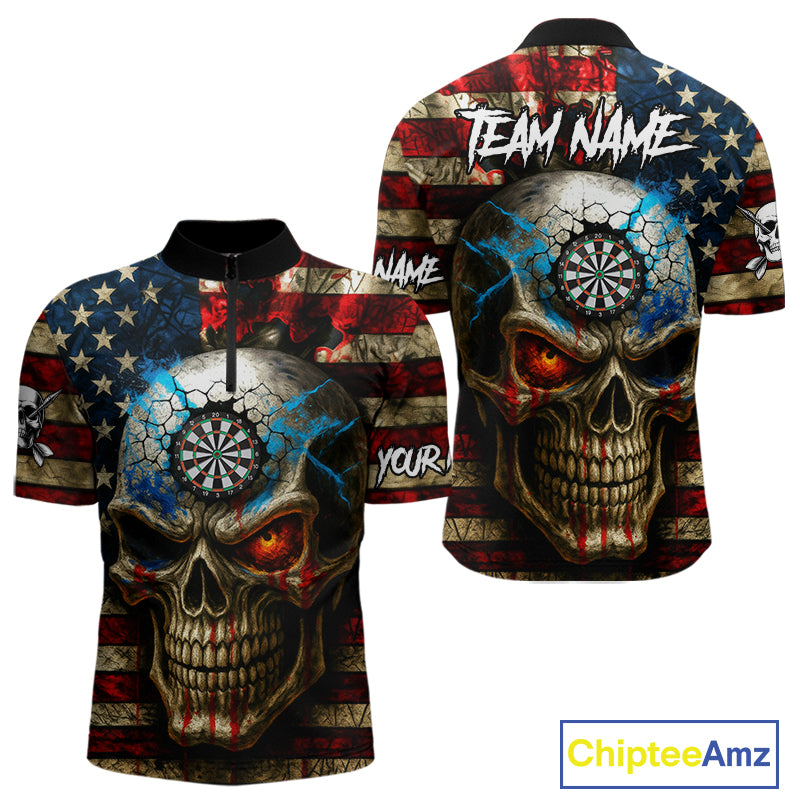 Personalized Vintage American Flag Skull Darts Shirt For Men, Patriotic Darts League Team Jersey TDM4708