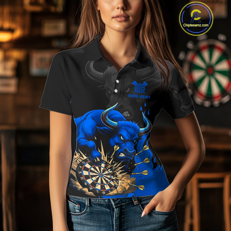 Black And Blue Funny Bull Darts Shirt For Women Custom Dart Jersey Team Polo & 1/4 Zip TDM5125