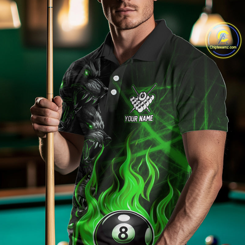 Personalized Wolf Flaming 8 Ball Pool Fire Men Billiard Shirts Team League Billiard Jerseys |Green TDM5596