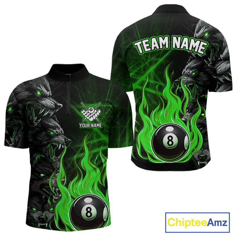 Personalized Wolf Flaming 8 Ball Pool Fire Men Billiard Shirts Team League Billiard Jerseys |Green TDM5596