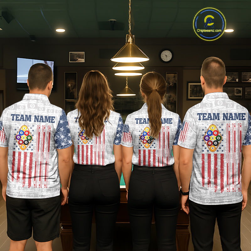 Grunge American Flag 9 Ball Billiard Shirt For Men Custom Patriotic Pool Team Jersey Polo, 1/4 Zip TDM5598