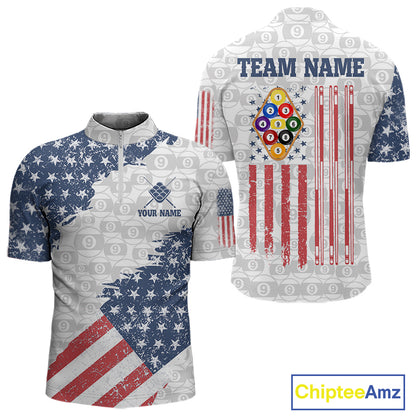 Grunge American Flag 9 Ball Billiard Shirt For Men Custom Patriotic Pool Team Jersey Polo, 1/4 Zip TDM5598