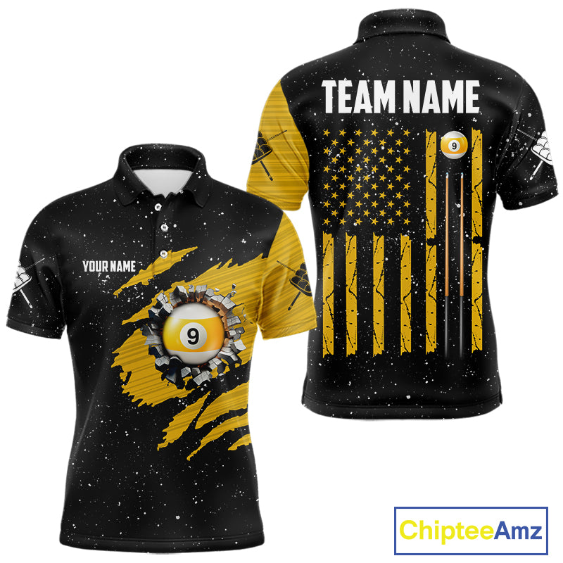 Yellow Black Grunge American Flag 9 Ball Men's Billiard Shirt Custom 9 Ball Pool Team Jersey TDM5599