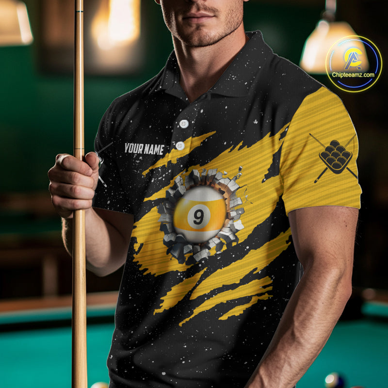 Yellow Black Grunge American Flag 9 Ball Men's Billiard Shirt Custom 9 Ball Pool Team Jersey TDM5599