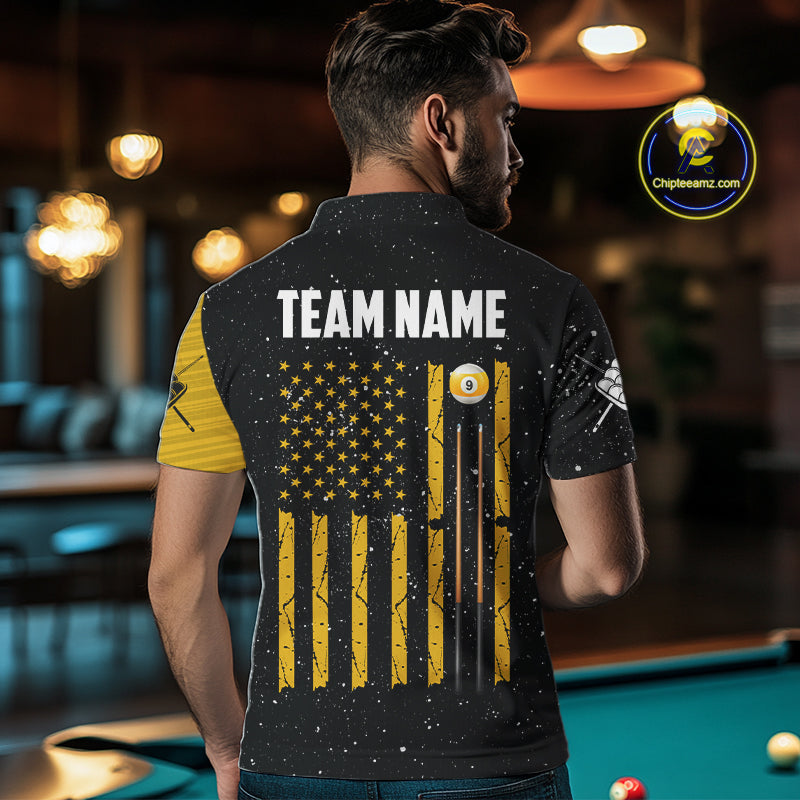 Yellow Black Grunge American Flag 9 Ball Men's Billiard Shirt Custom 9 Ball Pool Team Jersey TDM5599