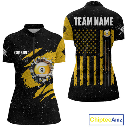 Yellow Black Grunge American Flag 9 Ball Women's Billiard Shirt Custom 9 Ball Pool Team Jersey TDM5599