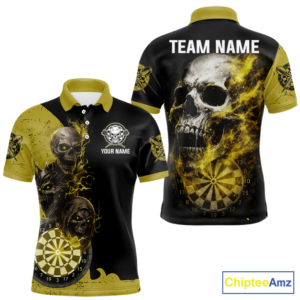 Personalized Yellow Black Skull Smoke Darts Shirt For Men Custom Darts Team Jersey Polo &1/4 Zip TDM5837