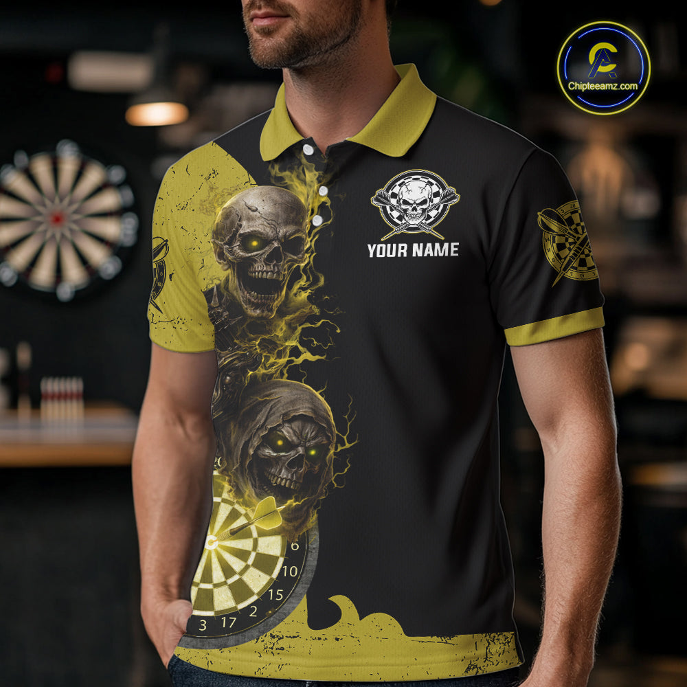 Personalized Yellow Black Skull Smoke Darts Shirt For Men Custom Darts Team Jersey Polo &1/4 Zip TDM5837