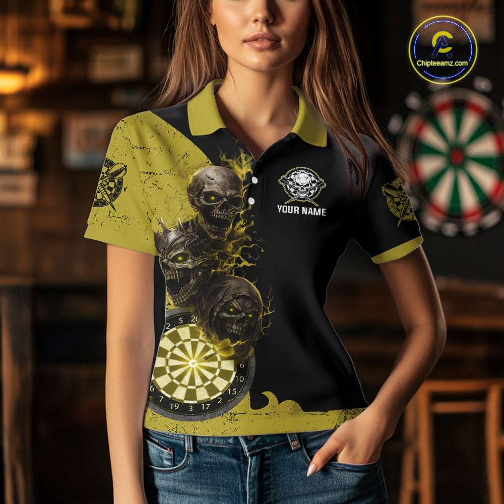 Personalized Yellow Black Skull Smoke Darts Shirt For Women Custom Darts Team Jersey Polo &1/4 Zip TDM5837