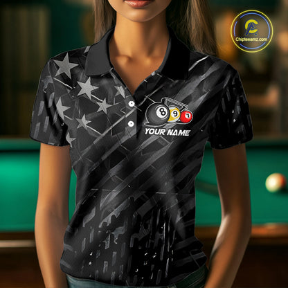 Black US Flag 8 Ball Pool Wings Billiard Shirt For Women Custom Billiard Team Jersey Polo & 1/4 Zip TDM5977