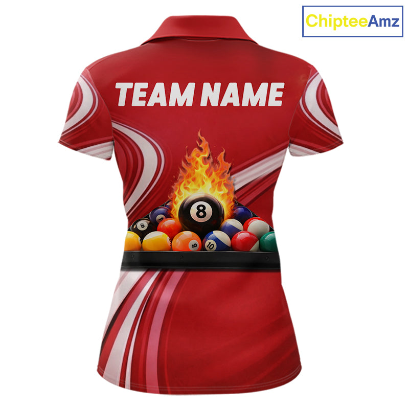Personalized Red Billiard Jersey For Women Custom Flame 8 Ball Pool Billiard Shirt Polo & 1/4 Zip TDM6447