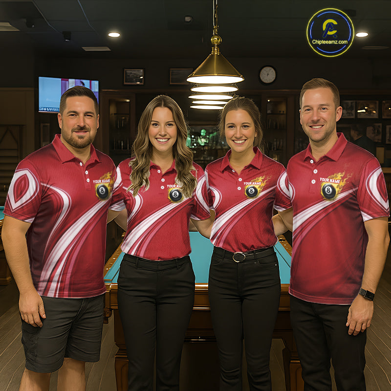 Personalized Red Billiard Jersey For Women Custom Flame 8 Ball Pool Billiard Shirt Polo & 1/4 Zip TDM6447