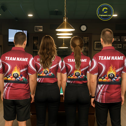 Personalized Red Billiard Jersey For Women Custom Flame 8 Ball Pool Billiard Shirt Polo & 1/4 Zip TDM6447
