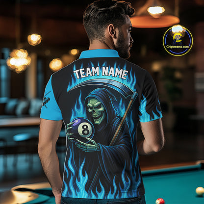 Custom Blue Flaming Grim Reaper 8 Ball Pool Billiard Shirt For Men, Funny Skull Pool Team Jersey TDM4280