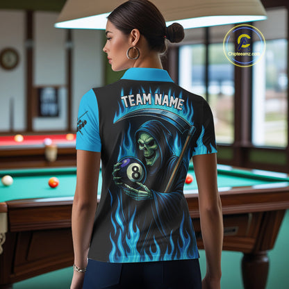 Custom Blue Flaming Grim Reaper 8 Ball Pool Billiard Shirt For Women, Funny Skull Pool Team Jersey TDM4280