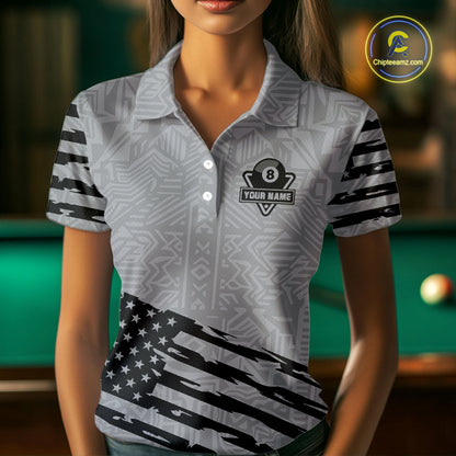 Personalized Grey US Flag 8 Ball Billiard Shirt For Women Custom Patriotic Billiard Pool Jerseys TDM4904