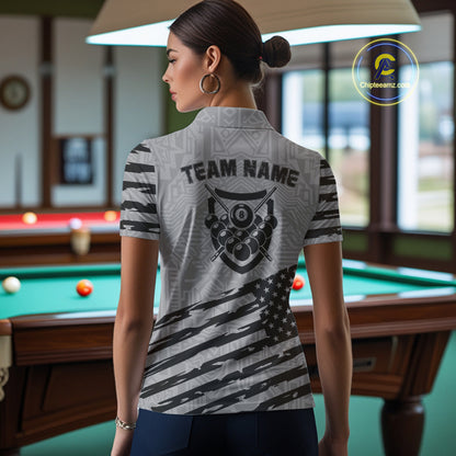 Personalized Grey US Flag 8 Ball Billiard Shirt For Women Custom Patriotic Billiard Pool Jerseys TDM4904