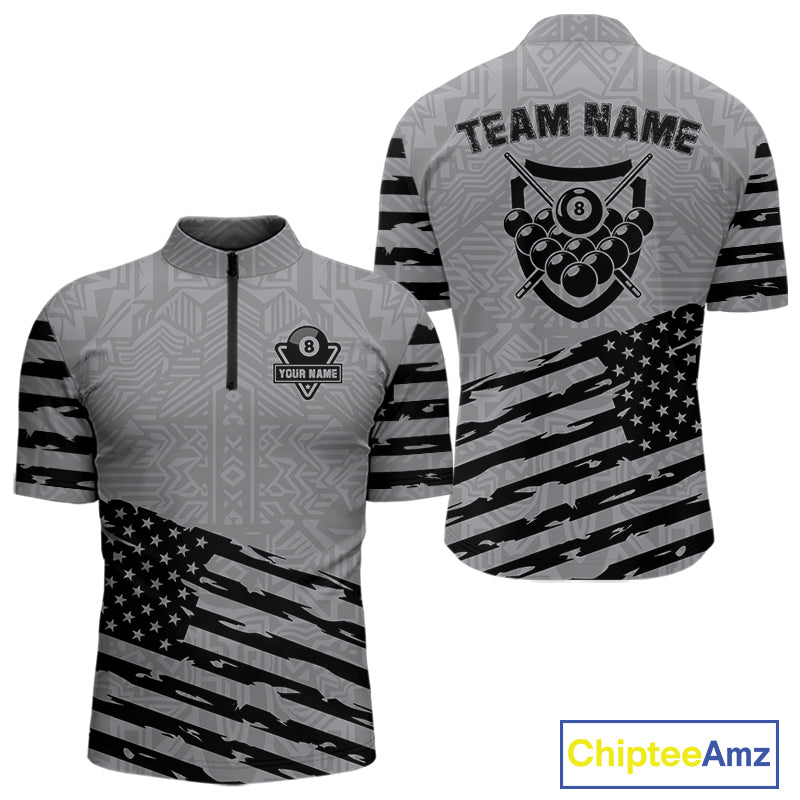 Personalized Grey US Flag 8 Ball Billiard Shirt For Men Custom Patriotic Billiard Pool Jerseys TDM4904