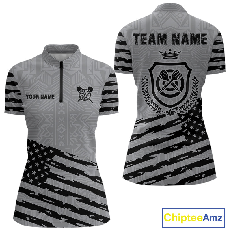 Personalized Grey US Flag Darts Shirt For Women Custom Darts Jersey, Darts Tournament Team Shirts TDM4905