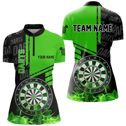 Black And Green Fire Darts Shirts For Women Custom Darts League Team Jerseys Darts Polo & 1/4 Zip TDM2880