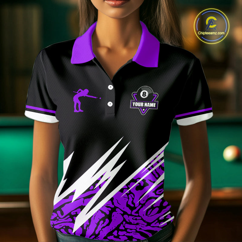 Personalized 8 Ball Billiard Jersey For Women Custom Black And Purple Pool Team Shirt Polo & 1/4 Zip TDM5340