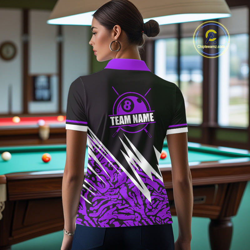 Personalized 8 Ball Billiard Jersey For Women Custom Black And Purple Pool Team Shirt Polo & 1/4 Zip TDM5340