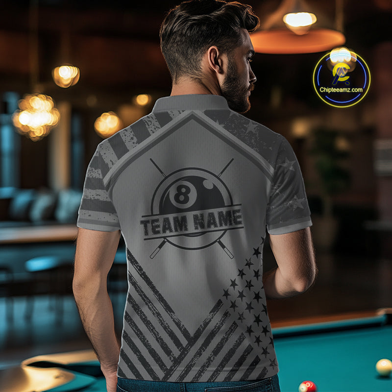 Personalized Grey US Flag 8 Ball Billiard Shirt For Men Custom Billiard Team Shirt, Pool Jerseys TDM5608