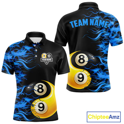 Blue Flaming 8 & 9 Ball Yin-Yang Billiard Shirt For Men Custom Pool Team Jersey Polo & 1/4 Zip TDM5984