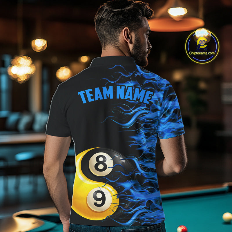 Blue Flaming 8 & 9 Ball Yin-Yang Billiard Shirt For Men Custom Pool Team Jersey Polo & 1/4 Zip TDM5984