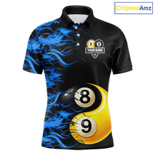 Load image into Gallery viewer, Blue Flaming 8 &amp; 9 Ball Yin-Yang Billiard Shirt For Men Custom Pool Team Jersey Polo &amp; 1/4 Zip TDM5984