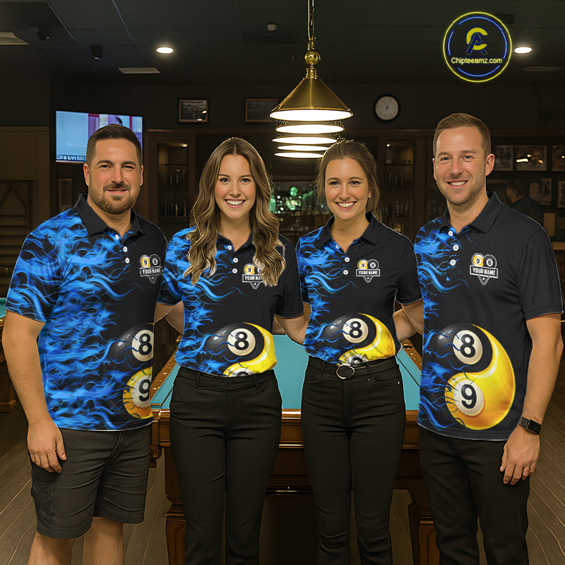 Blue Flaming 8 & 9 Ball Yin-Yang Billiard Shirt For Women Custom Pool Team Jersey Polo & 1/4 Zip TDM5984