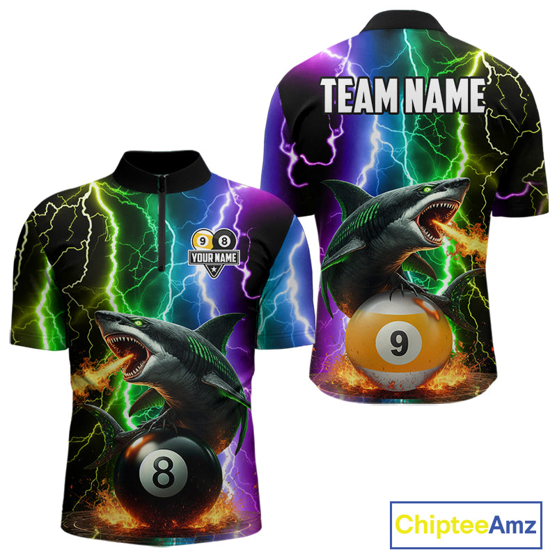 Colorful Lightning Shark 8 & 9 Ball Billiard Shirt For Men Custom Pool Team Jersey Polo & 1/4 Zip TDM5985