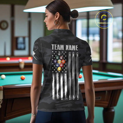 Personalized Camouflage US Flag Billiard Shirt For Women, 9 Ball Pool Team Jersey Polo & 1/4 Zip TDM5992
