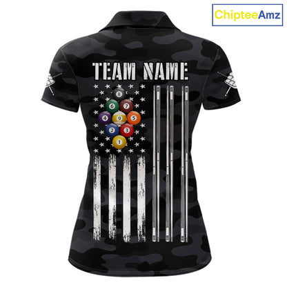 Personalized Camouflage US Flag Billiard Shirt For Women, 9 Ball Pool Team Jersey Polo & 1/4 Zip TDM5992