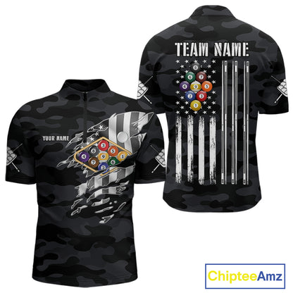 Personalized Camouflage US Flag Billiard Shirt For Men, 9 Ball Pool Team Jersey Polo & 1/4 Zip TDM5992