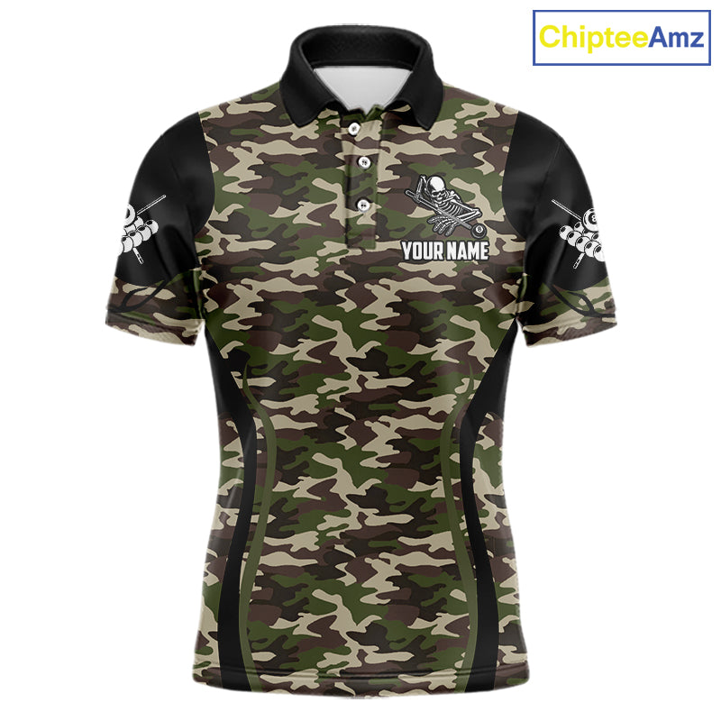 Personalized Green Camo Skull Billiard Shirt For Men, 8 Ball Billiard Team Jersey Polo & 1/4 Zip TDM5993